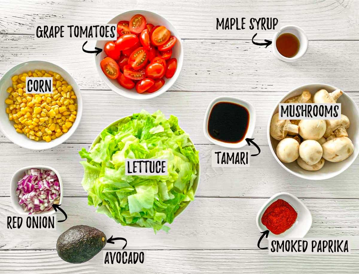 Ingredients for vegan cobb salad in prep bowls.
