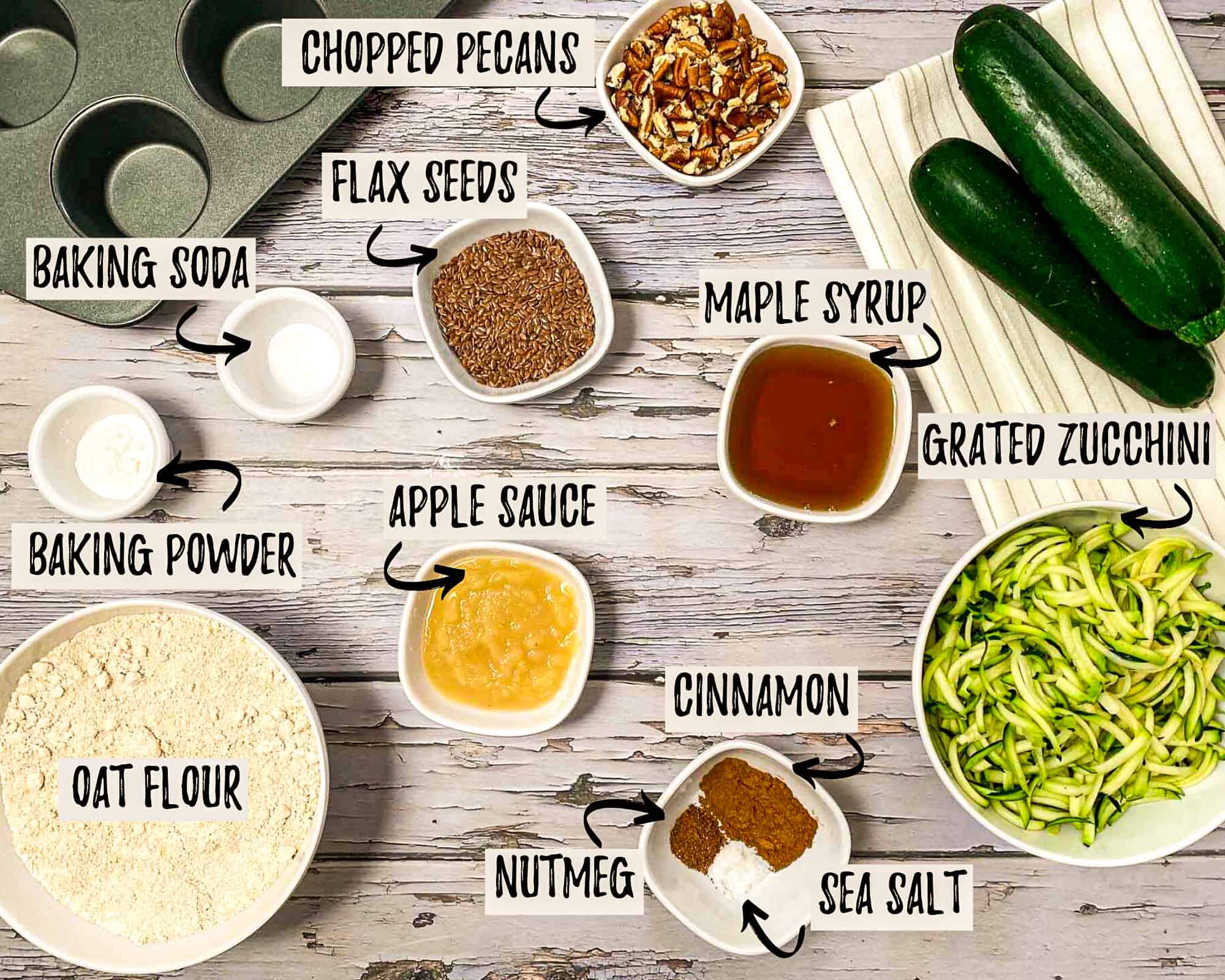 Ingredients needed to make vegan zucchini muffins.