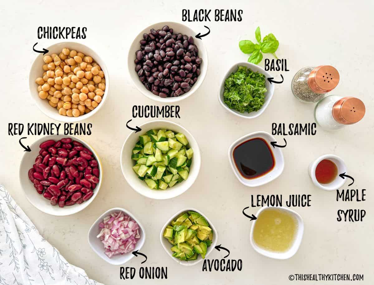 Ingredients needed to make 3-bean salad on kitchen counter.