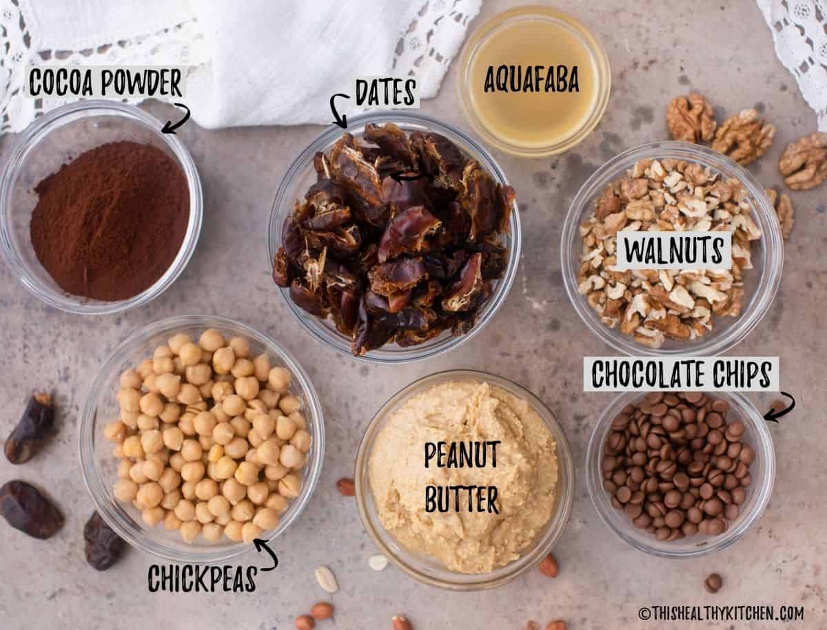 Ingredients needed to make vegan chickpea brownies on countertop.