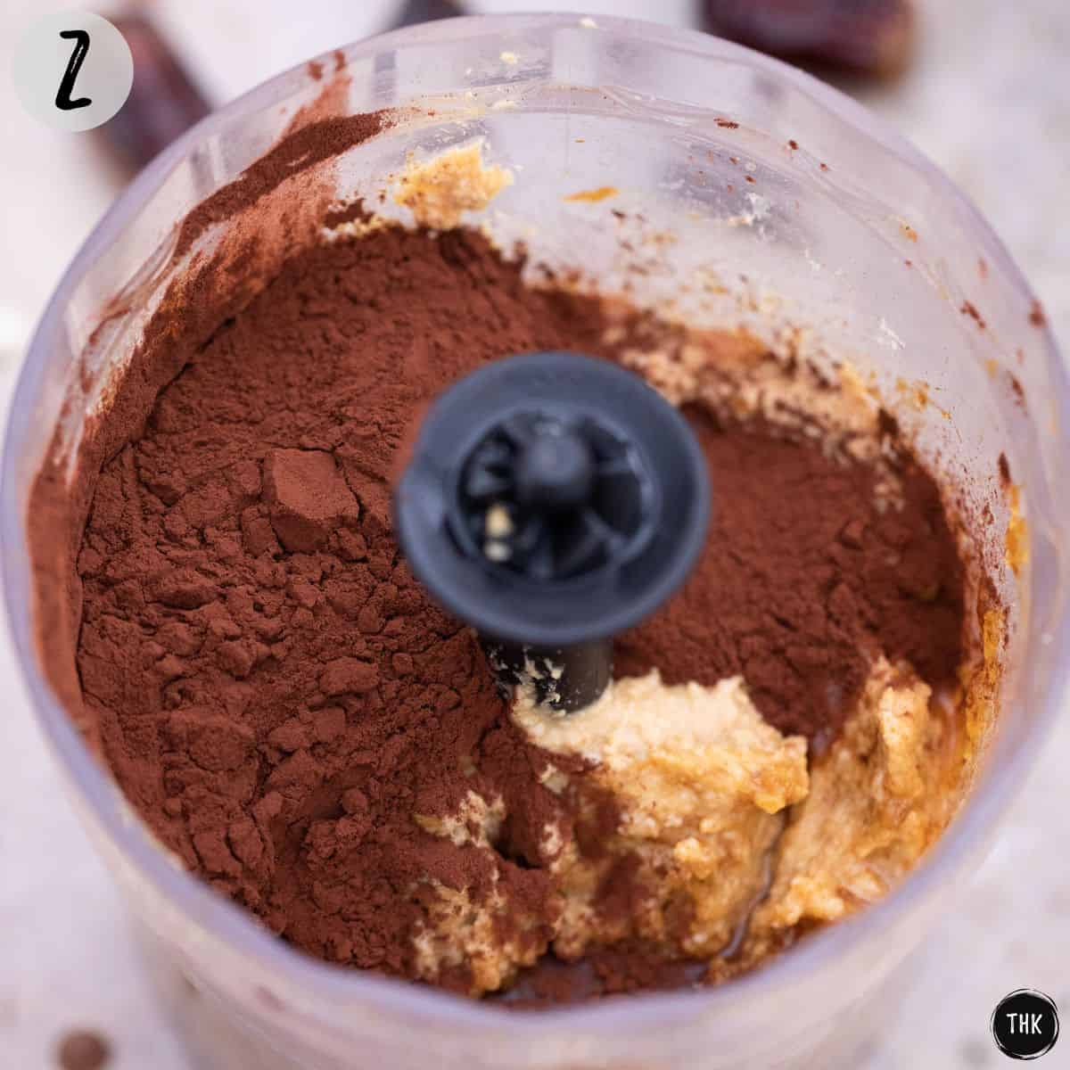 Cocoa powder, peanut butter, date paste, and aquafaba in food processor.