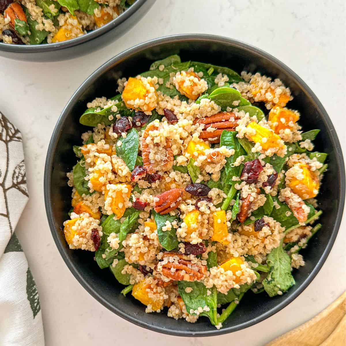Close up of pumpkin quinoa salad with pecans, dried cranberries, and baby spinach.