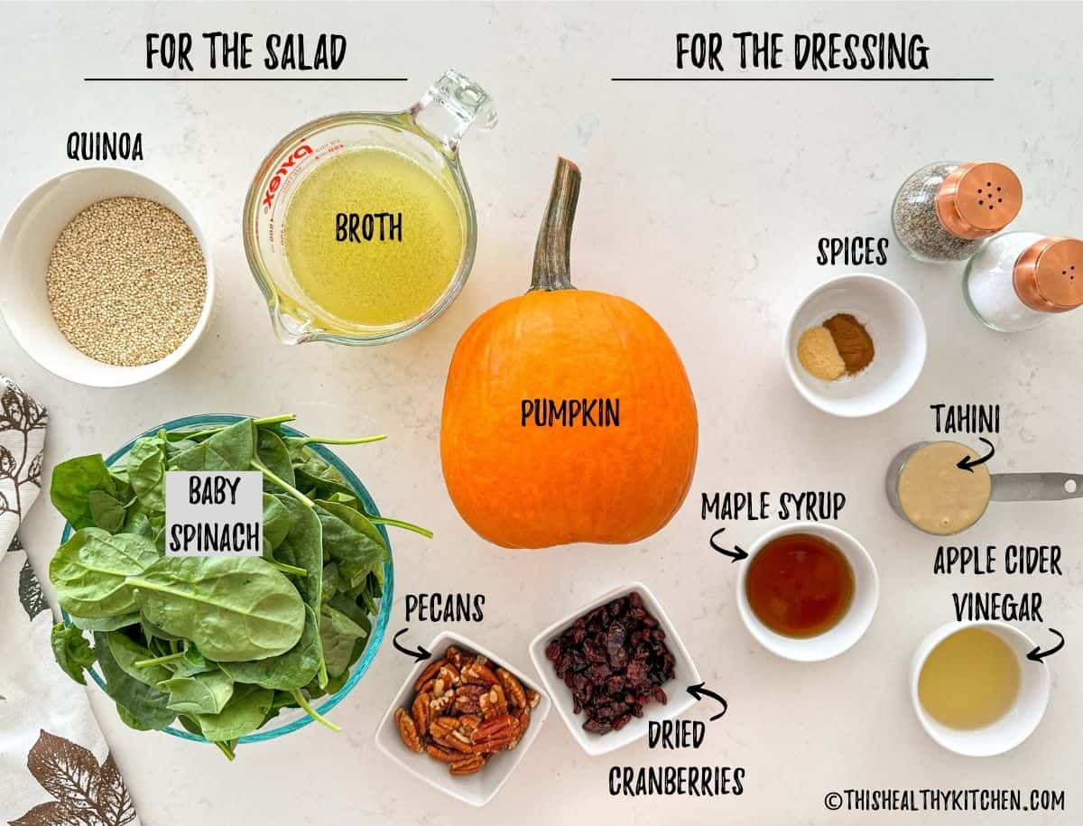 Ingredients needed to make pumpkin quinoa salad.