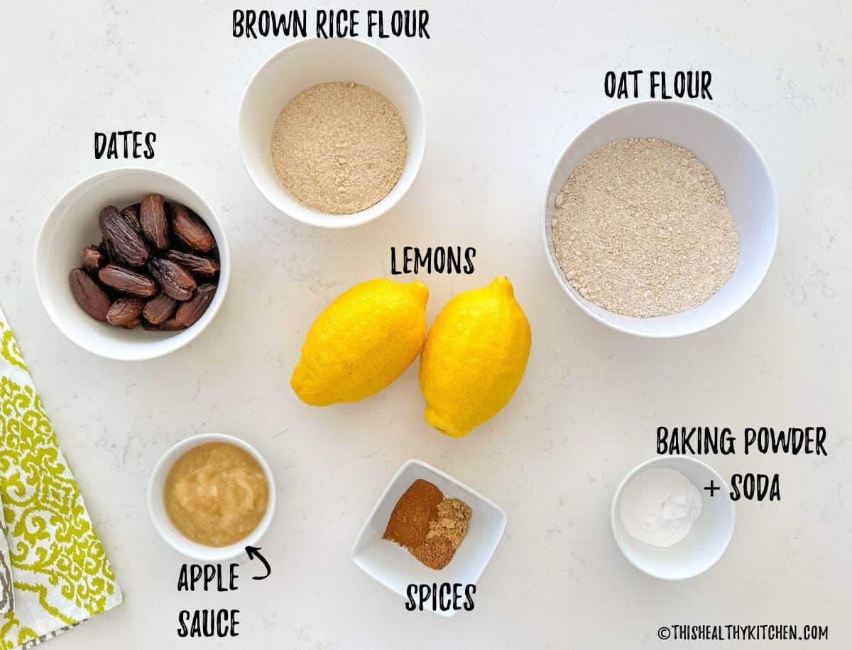 Ingredients needed to make a healthy vegan lemon loaf.