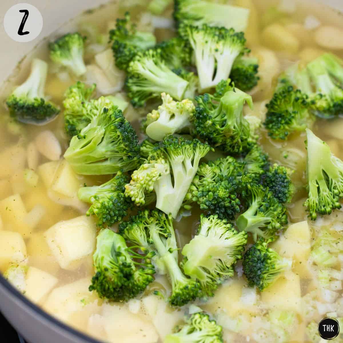 Pot with cubed potatoes, broccoli, broth, spices and other veggies.