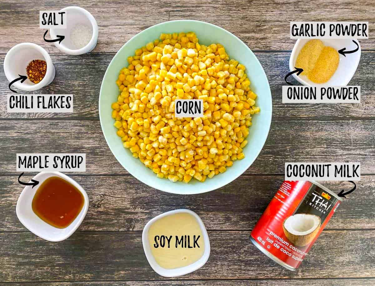 Ingredients to make creamed corn in prep bowls on counter.