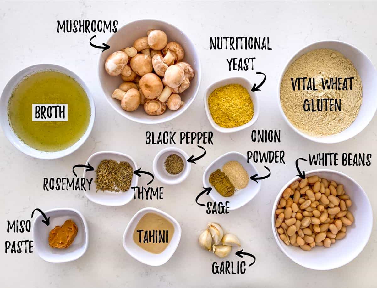 Ingredients needed to make vegan mushroom roast on kitchen countertop.