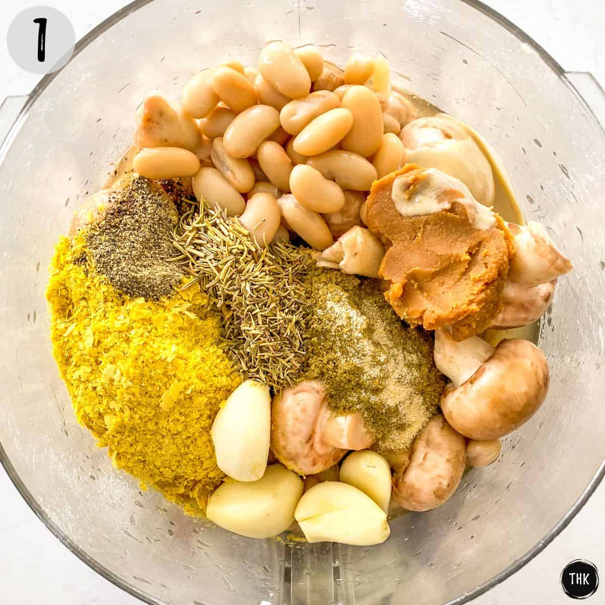 Beans, spices, mushrooms, garlic, and nutritional yeast inside food processor.