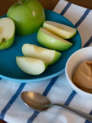 Peanut butter and apple slices on plate.
