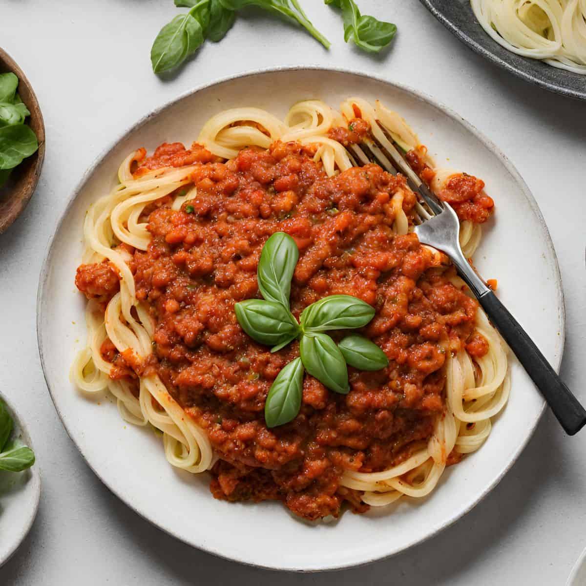 Plate of spaghetti with vegan bolognese sauce on top.