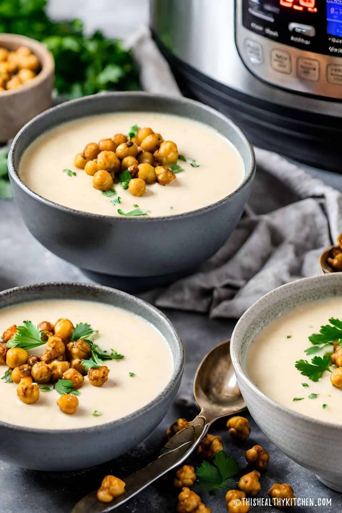 Bowls of cauliflower soup with roasted chickpeas on top and Instant Pot in background.
