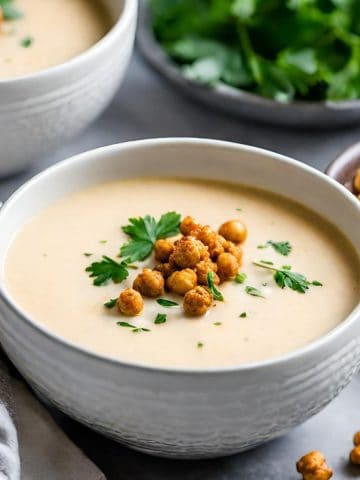 Bowl of cauliflower soup with roasted chickpeas and cilantro on top.