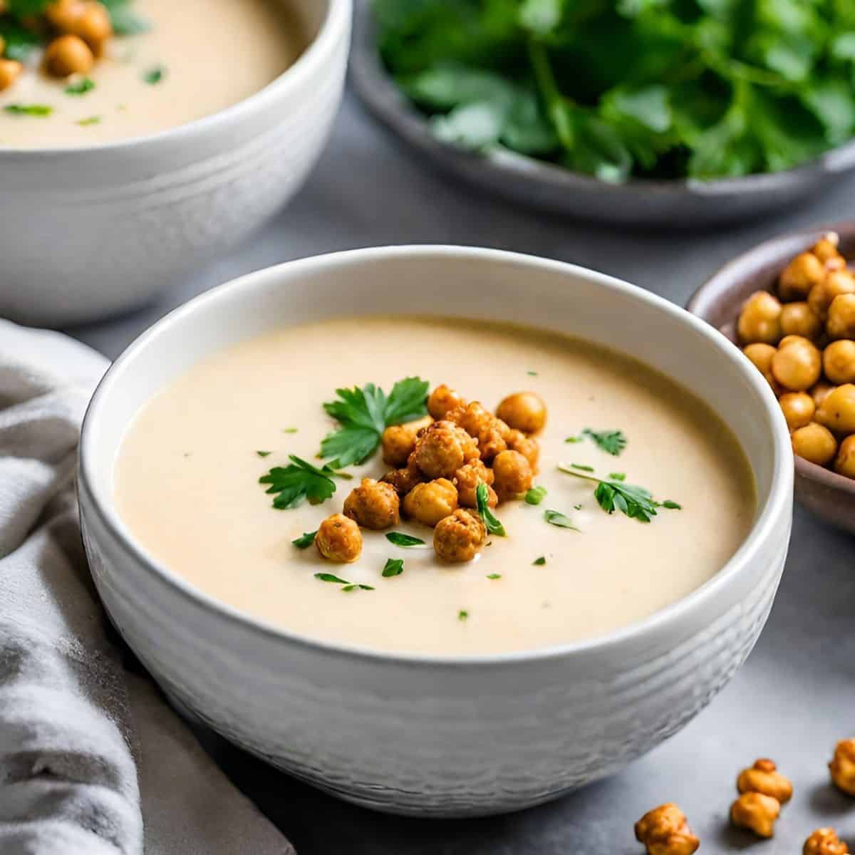 Bowl of cauliflower soup with roasted chickpeas and cilantro on top.
