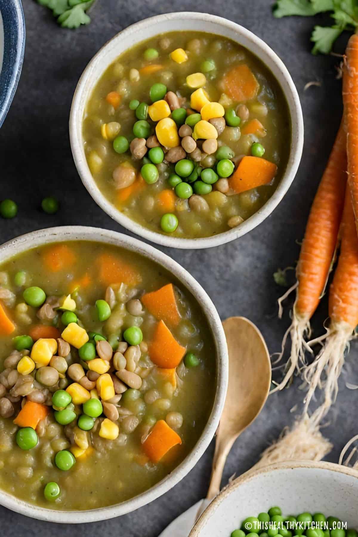 Bowls of lentil and veggie soup with carrots on the side.