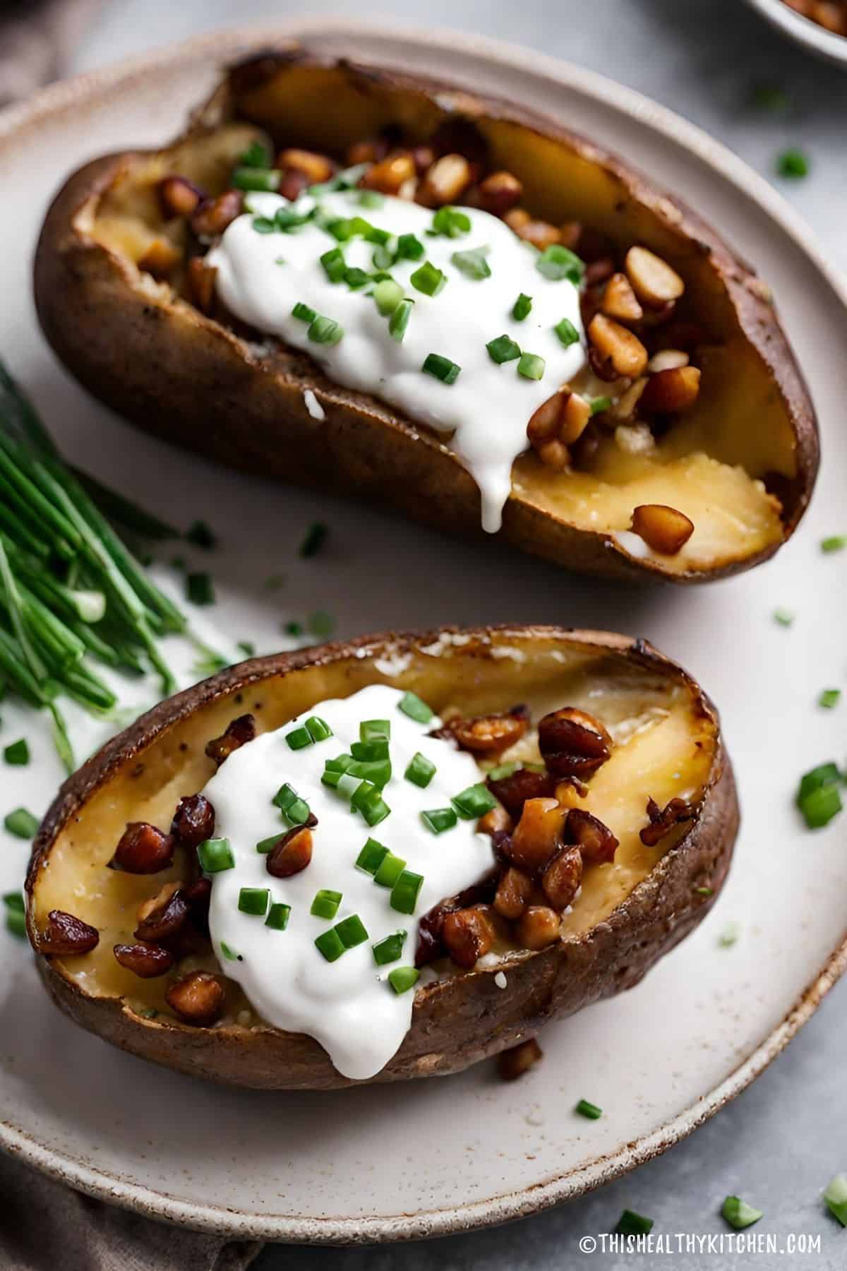 Air fried baked potatoes on plate with candied pecans, chives, and cashew cream on top.