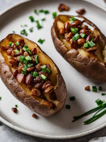 Air fryer baked potatoes on plate, stuffed with candied pecan bacon and chives.