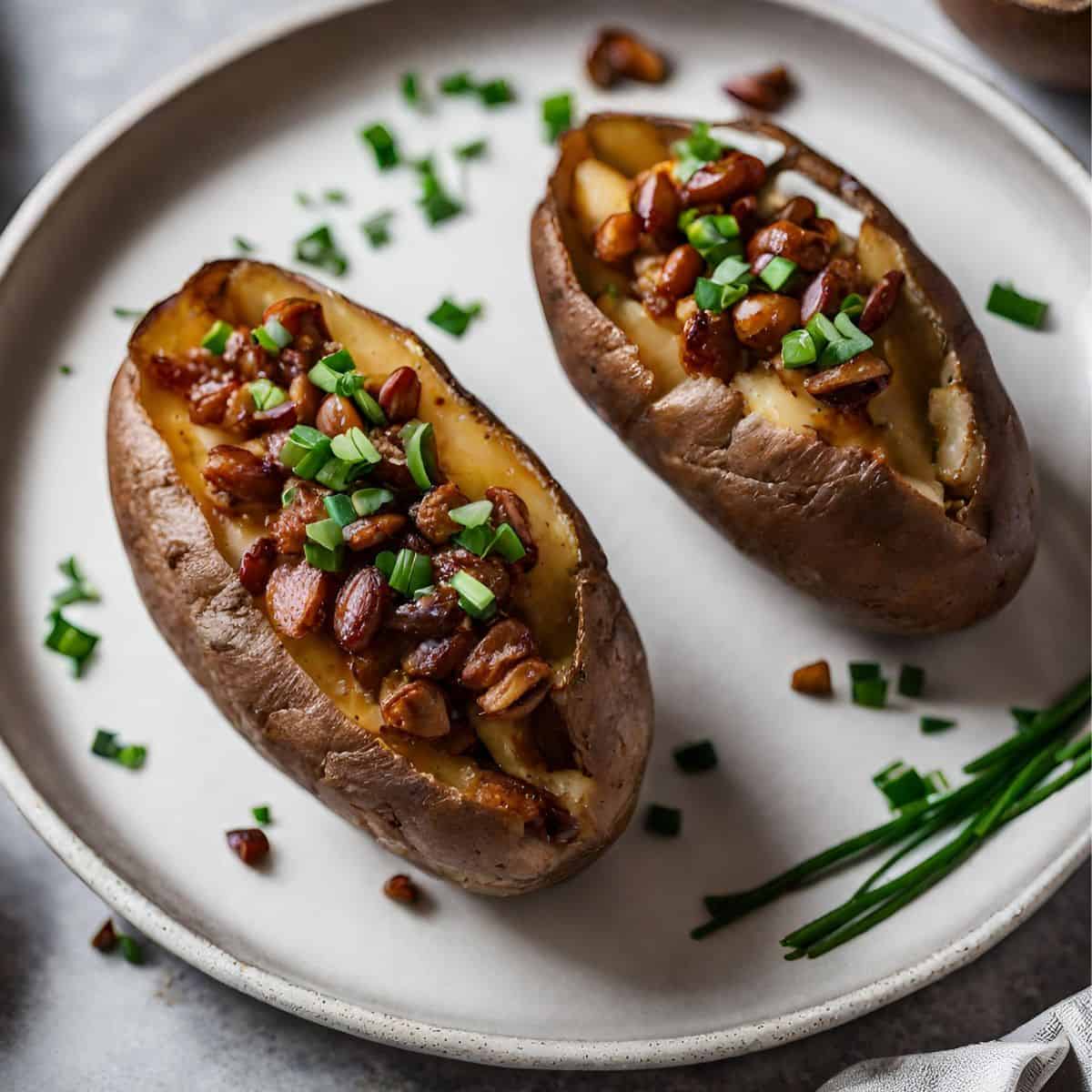 Air fryer baked potatoes on plate, stuffed with candied pecan bacon and chives.