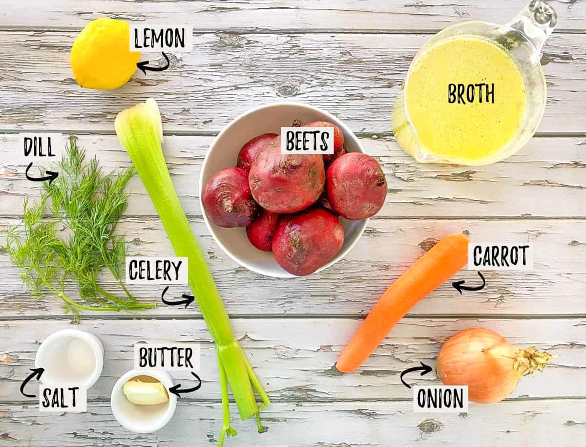 Ingredients needed to make beet soup in prep bowls.