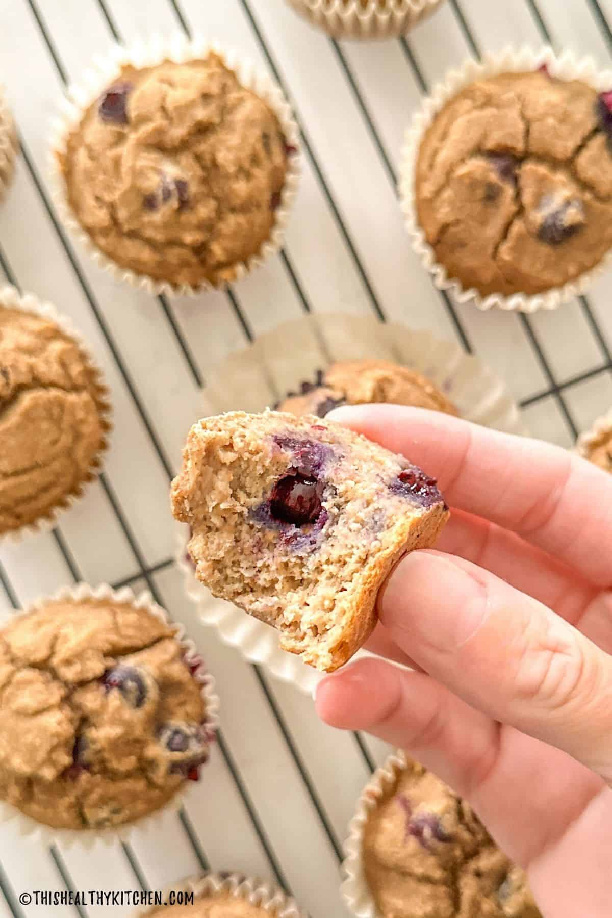 Hand holding up a bitten muffin to expose blueberries inside.