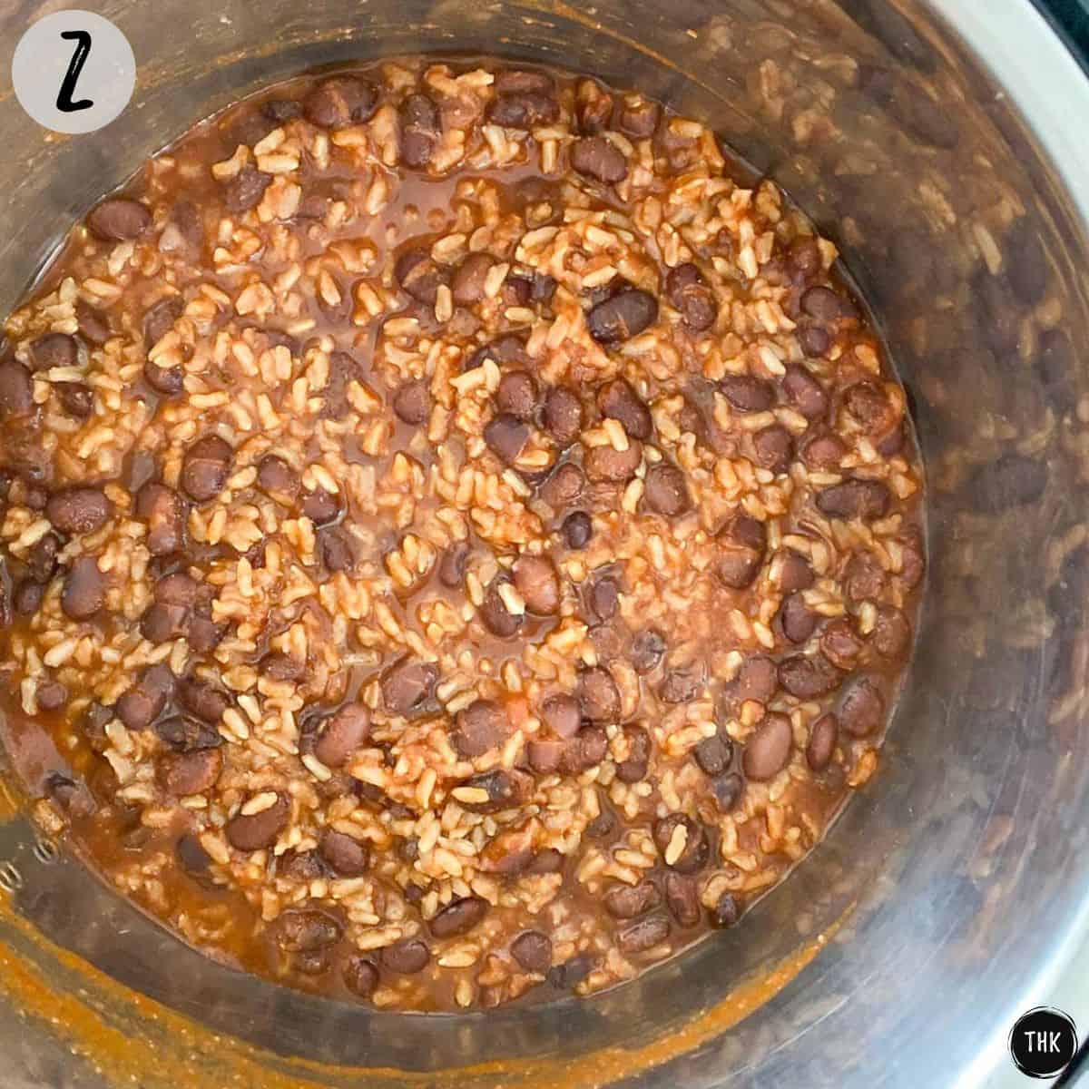 Cooked rice and beans inside Instant Pot.