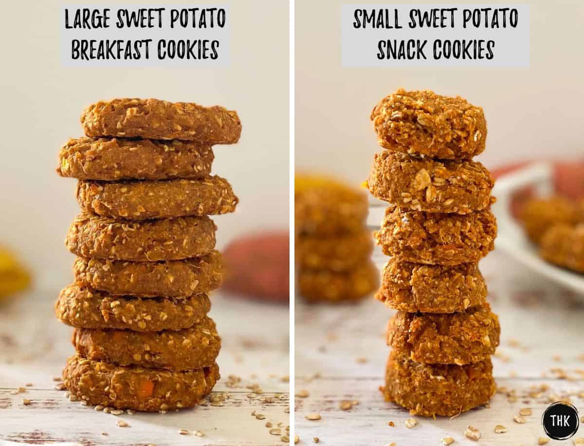 Side by side comparison of sweet potato cookies in large and small versions.