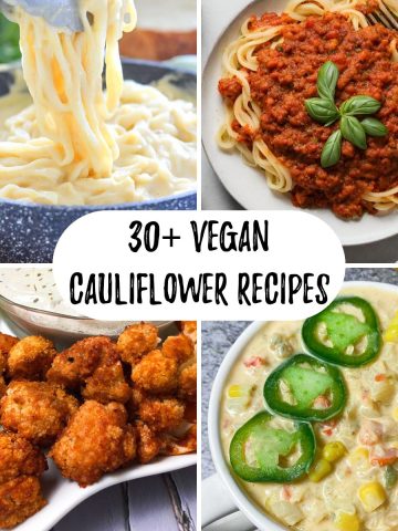 Image collage of alfredo spaghetti, bolognese spaghetti, cauliflower bites, and cauliflower soup.