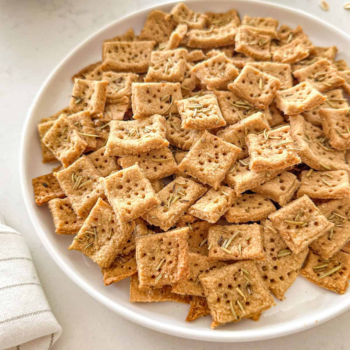 Protein crackers with rosemary on top in white plate.