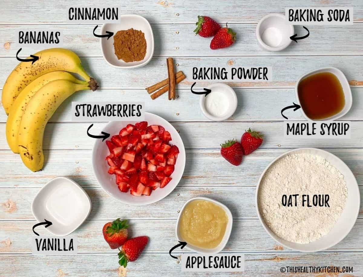 Ingredients needed to make strawberry banana bread.