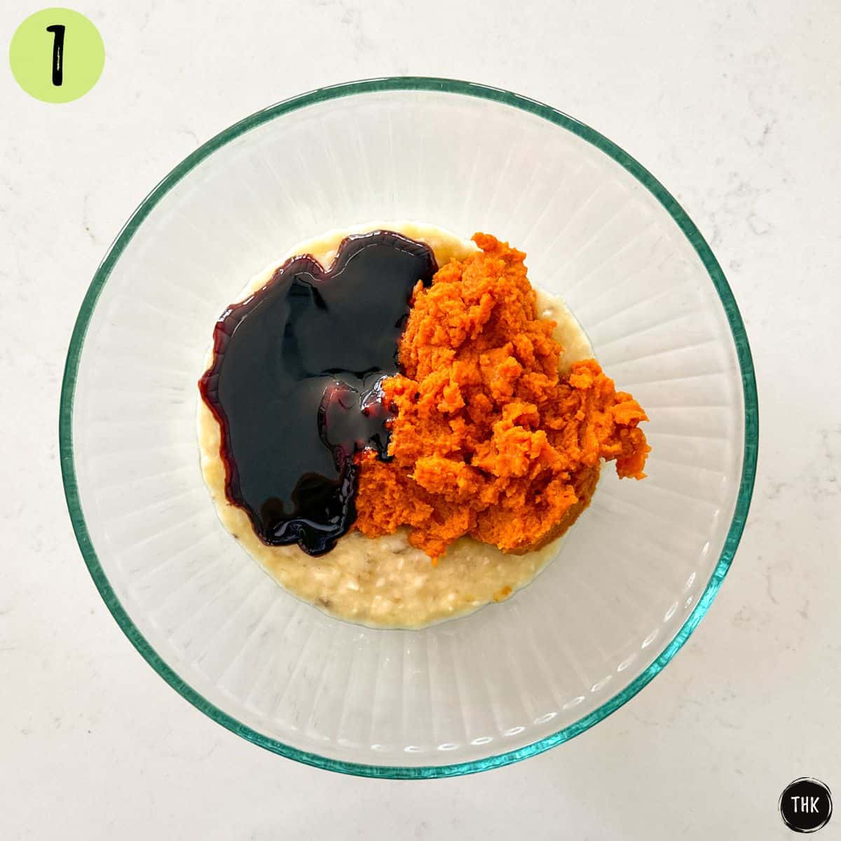 Mashed banana, pumpkin puree and molasses in large mixing bowl.