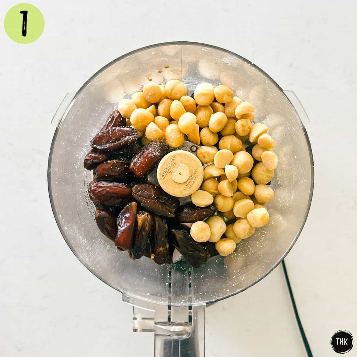 Macadamia nuts, dates, vanilla and salt in food processor bowl.