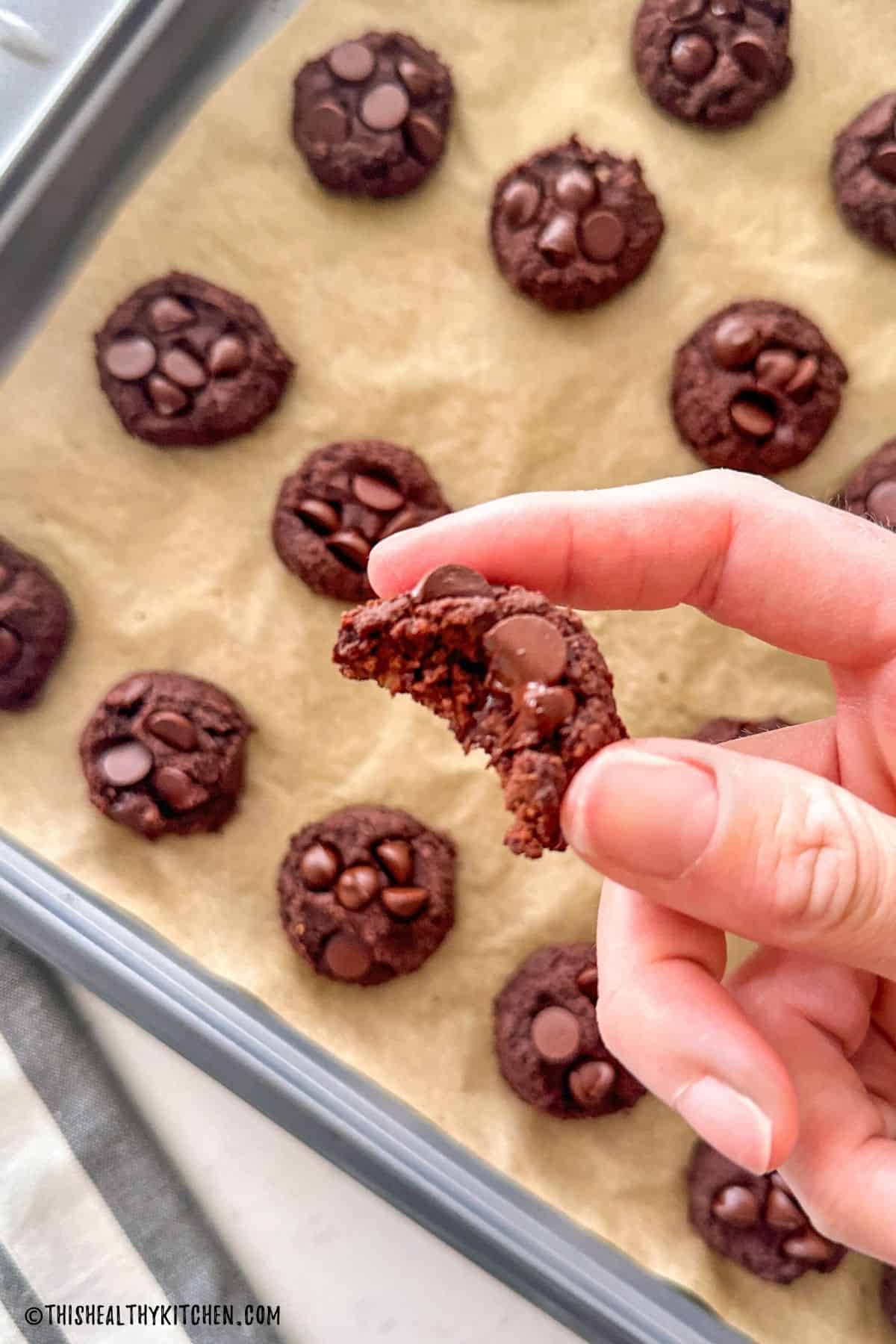 Hand holding a chocolate chickpea cookie with bite taken out.