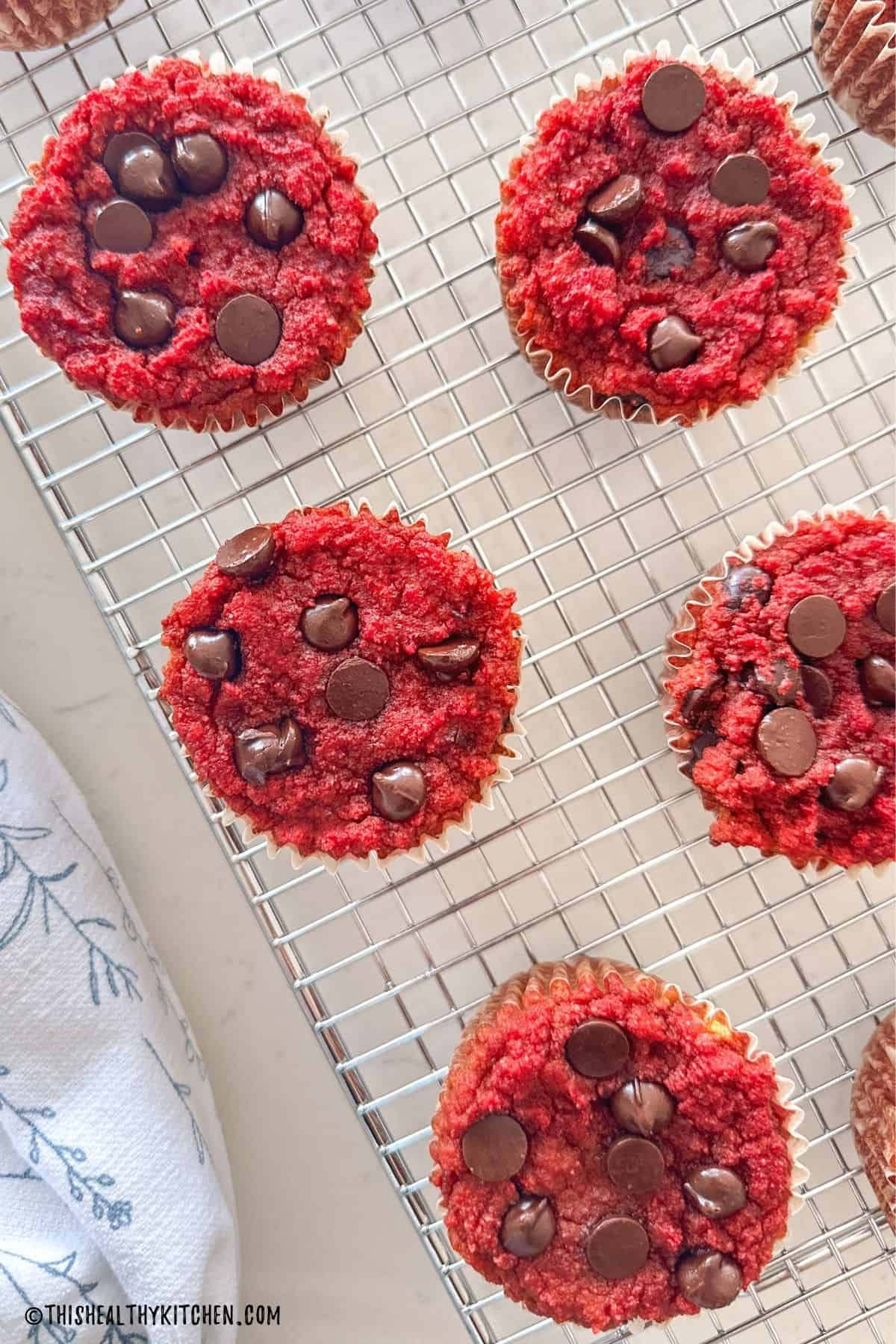 Red beet muffins with chocolate chips on cooling rack.