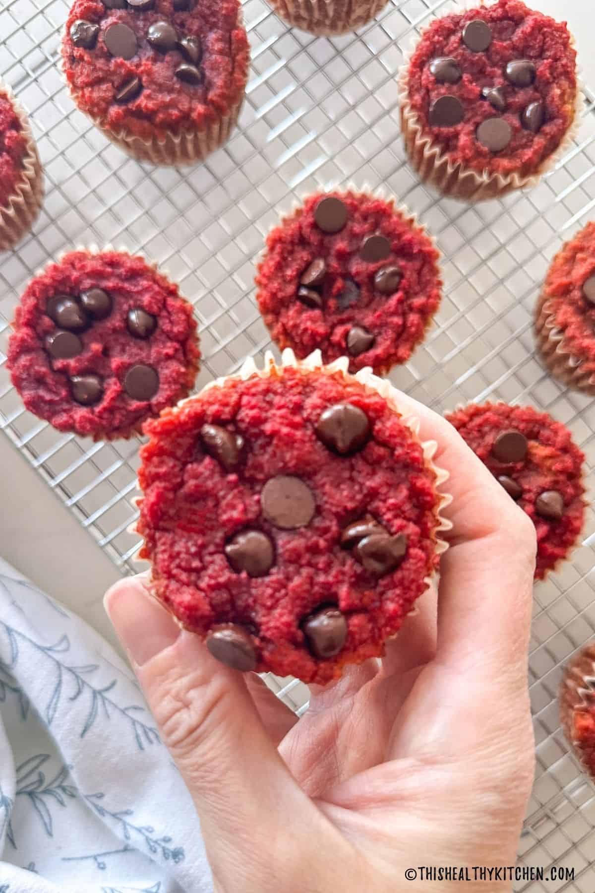 Hand holding up one muffin with remaining muffins below it on wire rack.