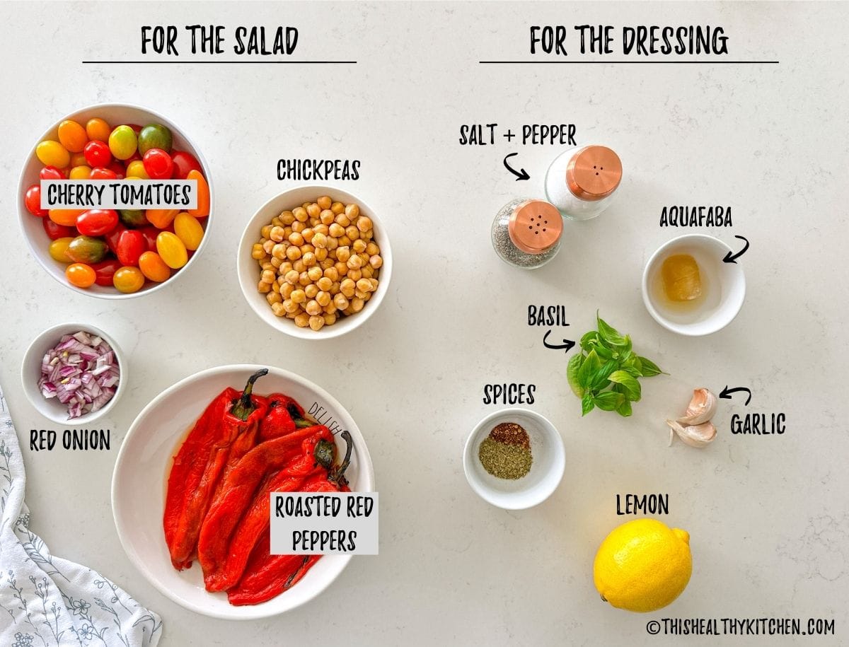Ingredients needed to make bell pepper salad in prep bowls on kitchen counter.