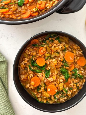 Pot of barley and lentil soup with vegetables and bowl of soup beside it.