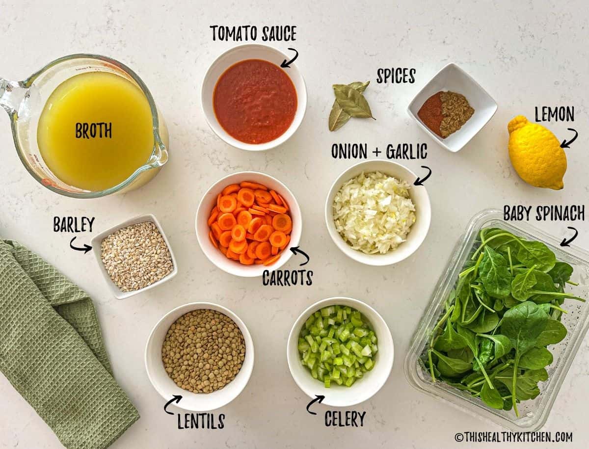 Ingredients to make barley lentil veggie soup.
